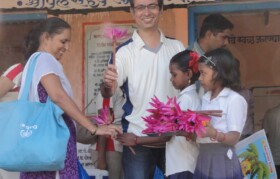 Suhrid team is welcomed by Bahiram Pada kids with Lily flower from local pond.