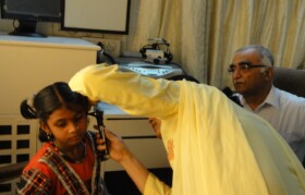 Dr Jobanputra guiding Dr Lipsa on how investigation is done using audioscope.